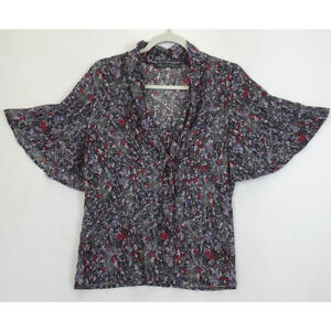 Rose & Olive Babydoll Top Women S Purple Ditsy Floral Flared Sleeve Tie Neck